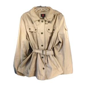 Gallery Trench Coat Women’s 1X Tan | Hooded Belted Cotton‑Blend Short Jacket